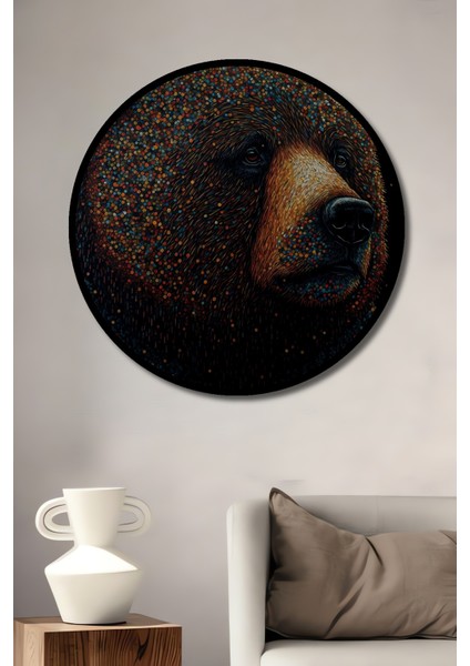 Çerçeve Görünümlü Görkemli Ayı Ahşap Mdf Dekoratif Işyeri Duvar Tablo Yuvarlak Işyeri Duvar Tablo