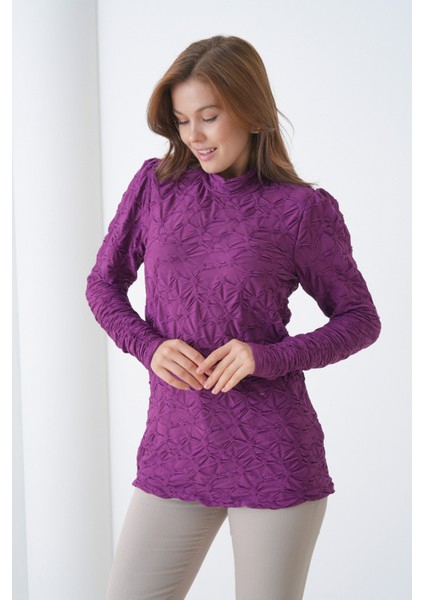 Kadın Yarım Balıkçı Yaka Uzun Kol Kendinden Dokulu Spor Tesettüre Uygun Şık Bluz