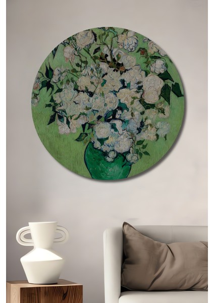 Van Gogh Beyaz Güller Dekoratif Ahşap Mdf Ev/işyeri Duvar Tablo Yuvarlak Ev/işyeri Duvar Tablo