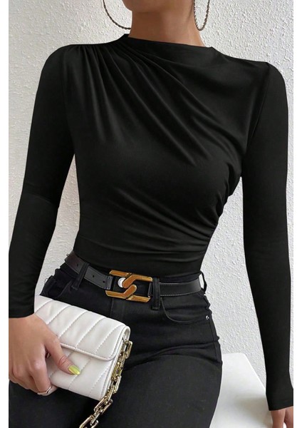Kadın Siyah Belden ve Boyundan Büzgü Detaylı Uzun Kollu Bluz