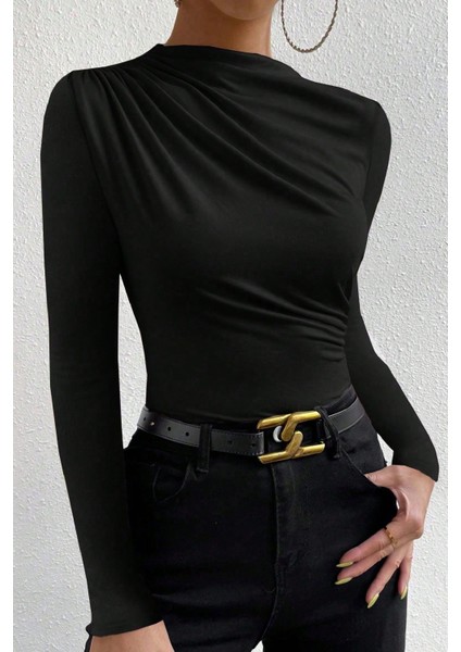 Kadın Siyah Belden ve Boyundan Büzgü Detaylı Uzun Kollu Bluz modelleri
