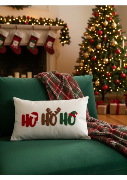 Ho Ho Ho Yılbaşı Özel Punch Işlemeli Dikdörtgen Kırlent Kılıfı - Yılbaşı Özel Kırlent Kılıfı