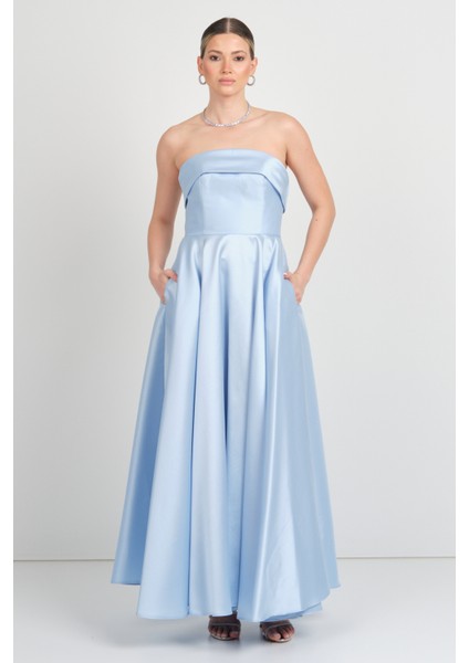 Kadın Straplez Uzun Abiye Elbise 6068 Bebe Mavisi