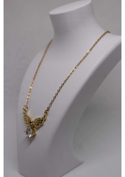 Zirkon Taşlı Melek Kanatlı Çelik Kolye Gold