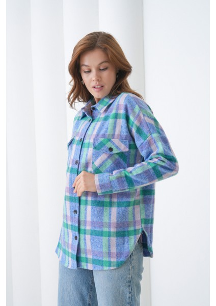 Kadın Desen Bloklu Oduncu Oversize Bol ve Geniş Kalıp Casual Cepli Yakalı Ceket Gömlek fiyatları