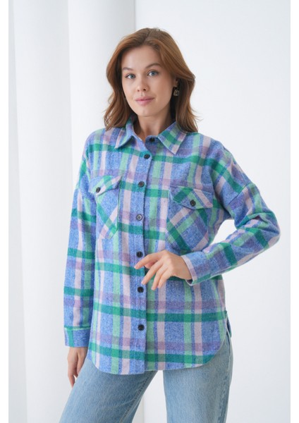 Kadın Desen Bloklu Oduncu Oversize Bol ve Geniş Kalıp Casual Cepli Yakalı Ceket Gömlek modelleri