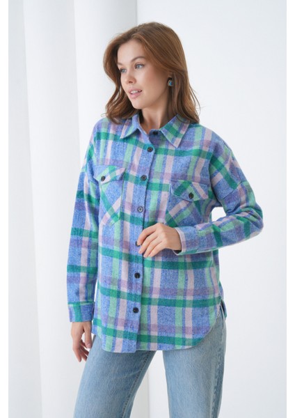 Kadın Desen Bloklu Oduncu Oversize Bol ve Geniş Kalıp Casual Cepli Yakalı Ceket Gömlek indirimleri