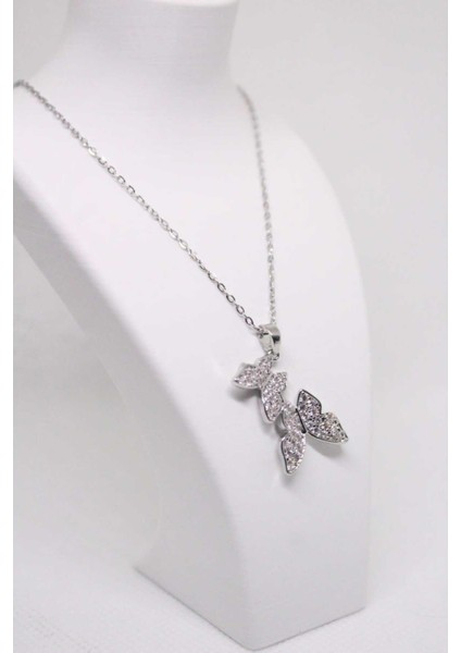 Zirkon Taşlı Ikili Kelebek Çelik Kadın Kolye