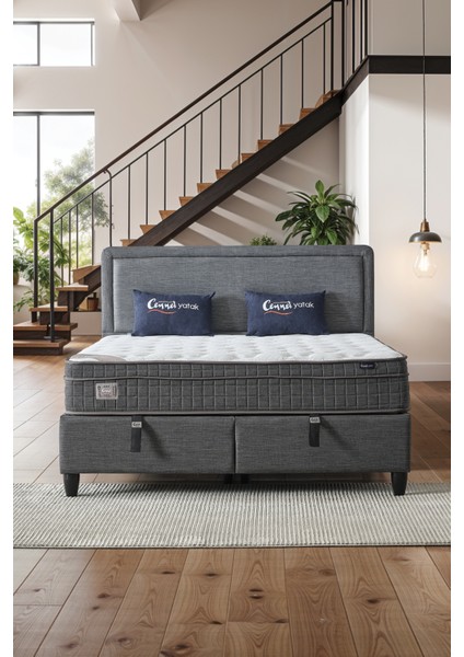 Melisa Çift Kişilik Sandıklı Baza + Full Ortopedik Antibakteriyel Paket Yaylı Visco Yatak + Başlık 3 Lü Set