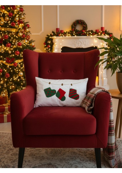 Yılbaşı Çorap Desenli Punch Işlemeli Kırlent Kılıfı - 30X50CM - Yılbaşı Kırlent Kılıfı