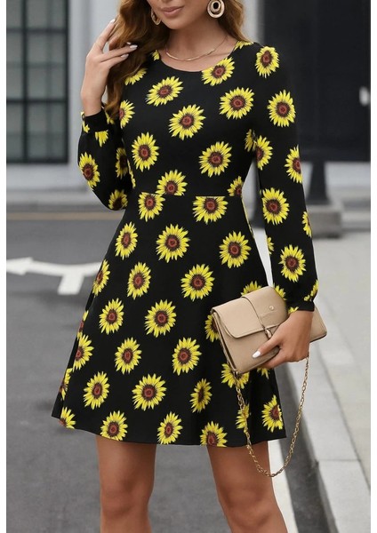 Mdb Kadın Uzun Kollu Bisiklet Yaka Desenli Kısa Krep Elbise