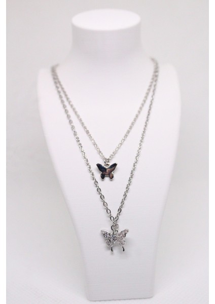 Zirkon Taşlı Ikili Kelebek Kolye Gümüş