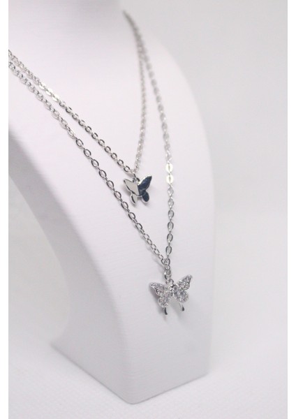 Zirkon Taşlı Ikili Kelebek Kolye Gümüş modelleri