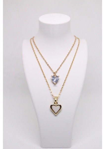 Zirkon Taşlı Çift Kalp Kolyesi Glod