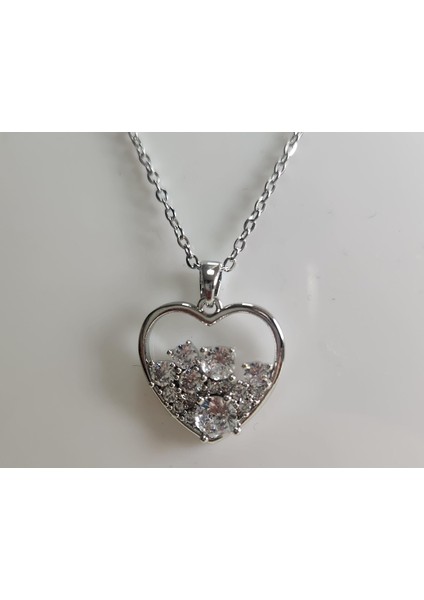 Çelik Kolye Kalp Kolye, Taşlı Kalp Kolye Beyaz