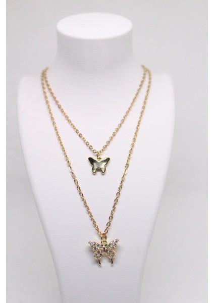 Parlak Zirkon Taşlı Çift Kelebek Katmanlı Kolye