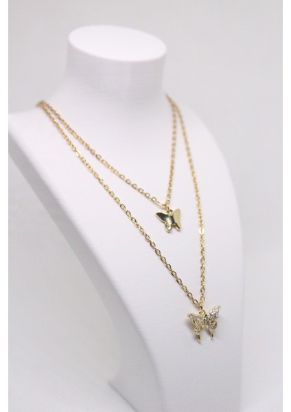 Parlak Zirkon Taşlı Çift Kelebek Katmanlı Kolye fiyatları