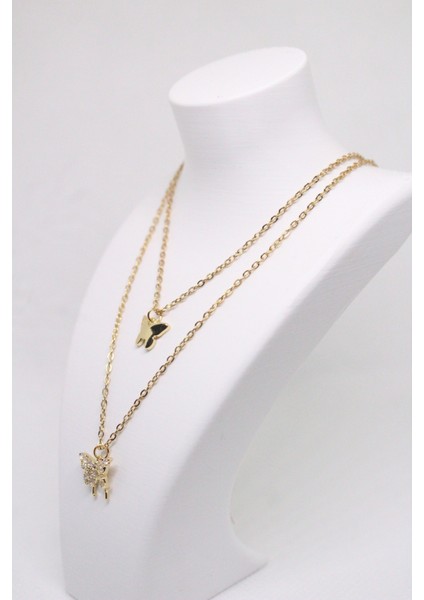 Parlak Zirkon Taşlı Çift Kelebek Katmanlı Kolye modelleri