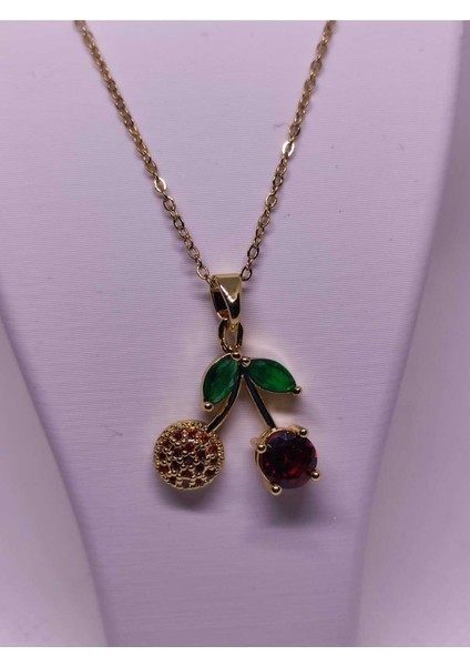 Zirkon Taşlı Kiraz Figürlü Çelik Kadın Kolye