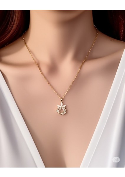 Kadın Çelik Zirkon ve Inci Detaylı Çiçek Kolye – Zarif, Hediye Seçeneği 316L Çelik