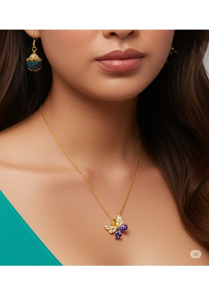 Paslanmaz Çelik Zirkon Taşlı Lüks Kelebek Kadın Kolye 316L Çelik