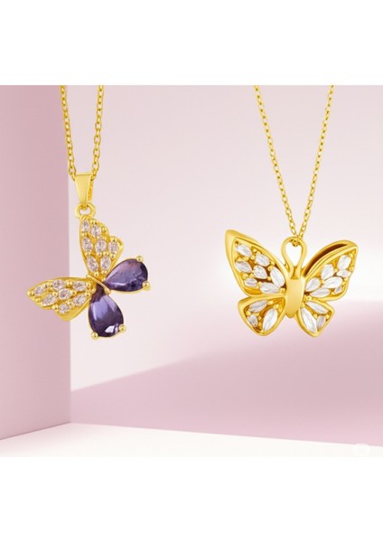 Paslanmaz Çelik Zirkon Taşlı Lüks Kelebek Kadın Kolye 316L Çelik modelleri