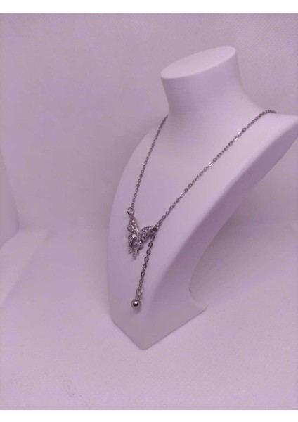 Zirkon Taşlı Kelebek Figürlü Çelik Kadın Kolye