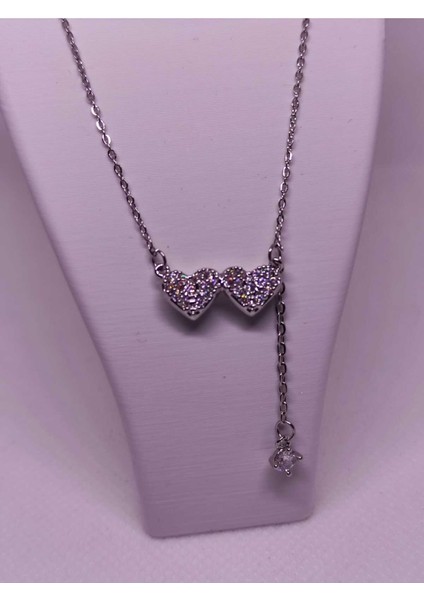 Zirkon Taşlı Çift Kalp Figürlü Çelik Kadın Kolye