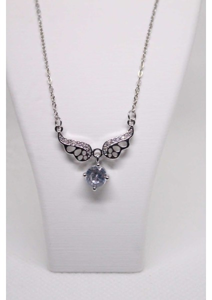 Zirkon Taşlı Melek Kanatlı Çelik Kadın Kolye