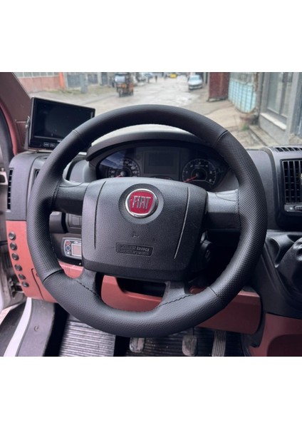Dikişli Direksiyon Kılıfı Siyah Deri Noktalı Deri Siyah Dikişli Fı.a.t Ducato Için Fotodaki Direksiyon