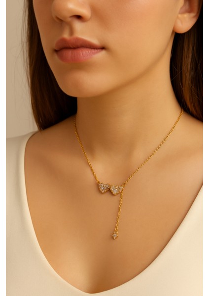 Zirkon Taşlı Çift Kalp Figürlü Çelik Kadın Kolye