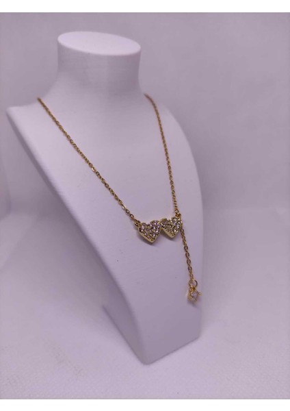 Zirkon Taşlı Çift Kalp Figürlü Çelik Kadın Kolye modelleri