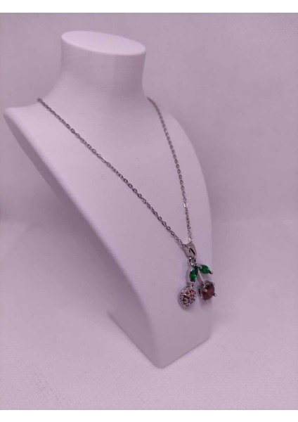 Zirkon Taşlı Kiraz Figürlü Çelik Kadın Kolye