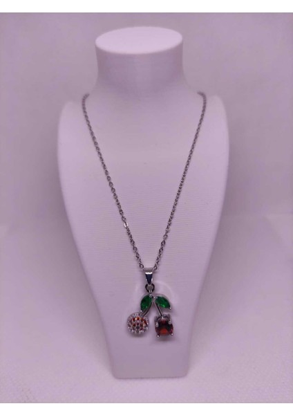 Zirkon Taşlı Kiraz Figürlü Çelik Kadın Kolye modelleri