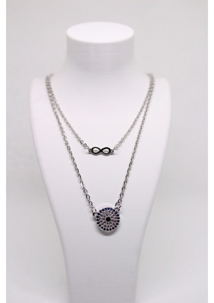 Zirkon Taşlı Sonsuzluk Nazar Kadın Kolyesi – 316L Paslanmaz Çelik, Çift Set