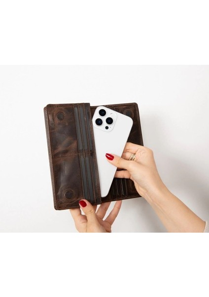 Aura Hakiki Deri, El Yapımı, Telefon Bölmeli, Kadın Cüzdanı, Koyu Kahve modelleri