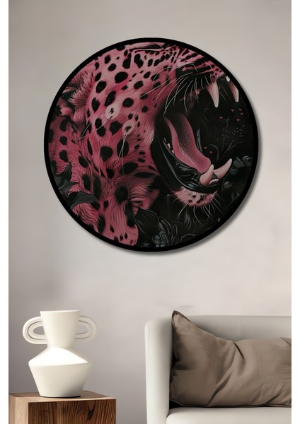 Çerçeve Görünümlü Pembe Leopar Çiçekli Dekoratif Ahşap Mdf Ev Duvar Tablo Yuvarlak Ev Duvar Tablo