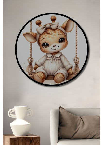 Çerçeve Görünümlü Sevimli Zürafa Ahşap Mdf Dekoratif Ev Duvar Tablo Yuvarlak Ev Duvar Tablo