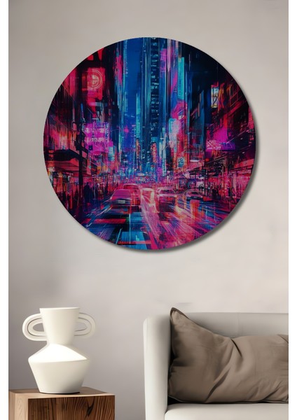 Gece Şehri Neon Işıklar Dekoratif Ahşap Mdf Ev/işyeri Duvar Tablo Yuvarlak Ev/işyeri Duvar Tablo