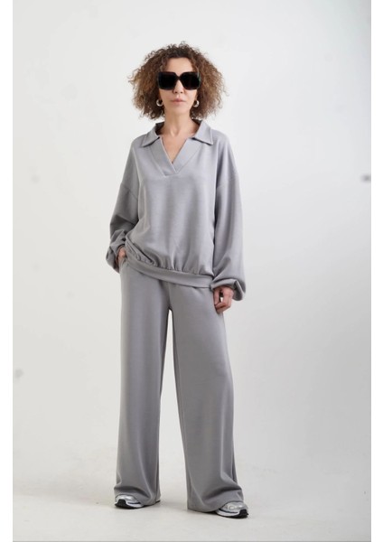 Gri Modal Polo Yaka Sweat Geniş Paça Pant Eşofman Takım