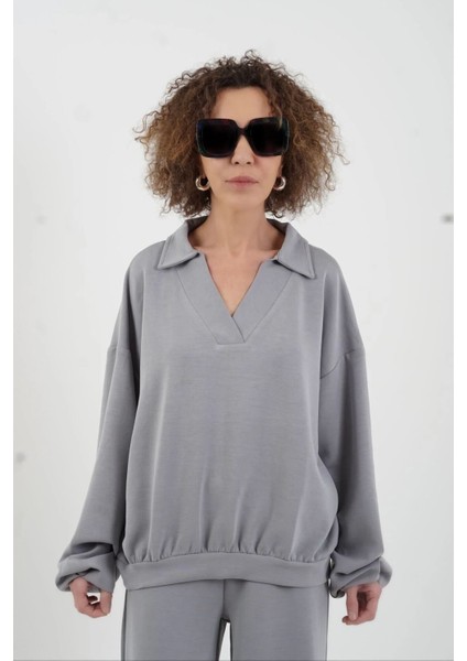 Gri Modal Polo Yaka Sweat Geniş Paça Pant Eşofman Takım fiyatları