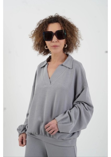 Gri Modal Polo Yaka Sweat Geniş Paça Pant Eşofman Takım modelleri