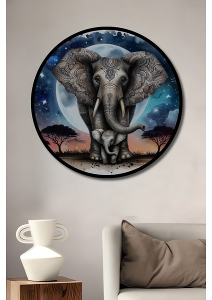 Çerçeve Görünümlü Fil ve Ay Manzaralı Dekoratif Ahşap Mdf Ev Duvar Tablo Yuvarlak Ev Duvar Tablo