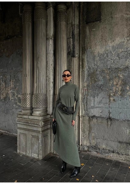 Boğazlı Kalın Bürümcük Uzun Elbise Yeşil fiyatları