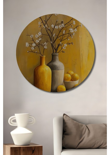Sarı Vazoda Limonlar Dekoratif Ahşap Mdf Ev/işyeri Duvar Tablo Yuvarlak Ev/işyeri Duvar Tablo