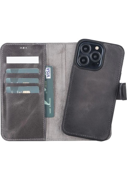 Apple iPhone 13 Pro Uyumlu Deri Cüzdanlı Kılıf VS4EF Gri indirimleri