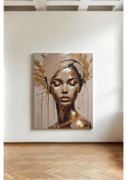 Bej ve Gold Zarafeti - Kanvas Tablo - Modern Sanat Portre Duvar Dekoru
