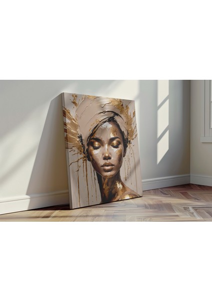 Bej ve Gold Zarafeti - Kanvas Tablo - Modern Sanat Portre Duvar Dekoru fırsatları