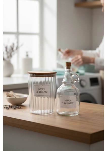 Ahşap Kapaklı Oval Çizgili Bebek Deterjanı Kavanozu 2200ML-BEBEK Yumuşatıcı Kavanozu 1000ML