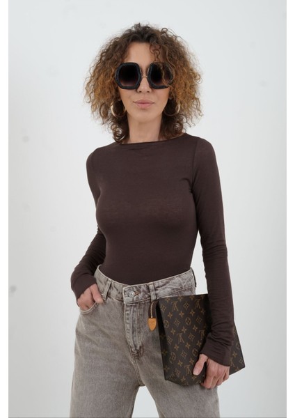 Kahve Kayık Yaka Modal Kaşmir Bluz